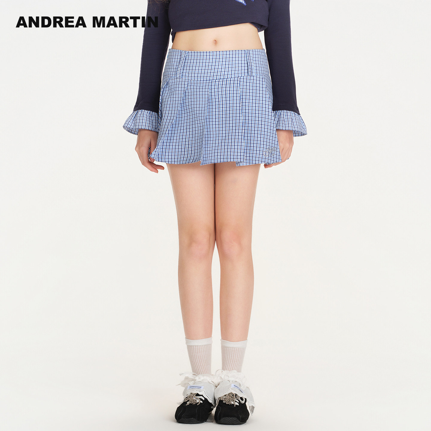 ANDREA MARTIN2026春夏新款学院风格纹半身裙女设计感蓝色短裙子,女装/女士精品,半身裙,淘宝优惠券,粉丝福利购,淘宝优惠卷