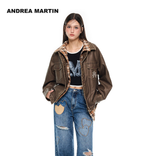 假两件衬衫 皮衣摩登休闲外套复古拼接休闲 MARTIN秋新款 ANDREA