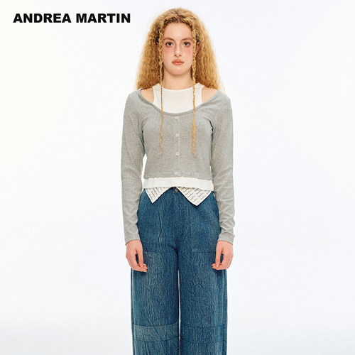 ANDREA MARTIN2026秋新款灰色假两件刺绣女短修身休闲拼接长袖T恤