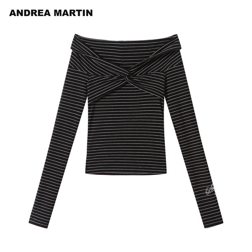 ANDREA MARTIN2026秋季新款纽结条纹一字肩设计感修身女短长袖T恤