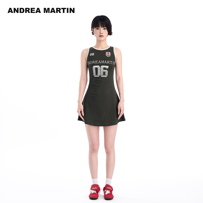 ANDREA MARTIN2025新款无袖连衣裙女撞色印花修身显瘦短款运动裙