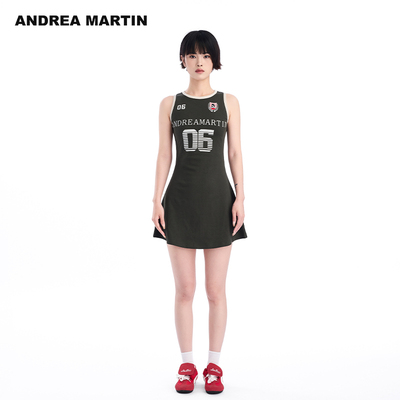 ANDREA MARTIN新款无袖连衣裙女撞色印花修身显瘦短款运动裙