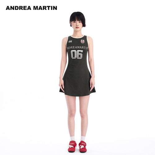 ANDREA MARTIN新款无袖连衣裙女撞色印花修身显瘦短款运动裙