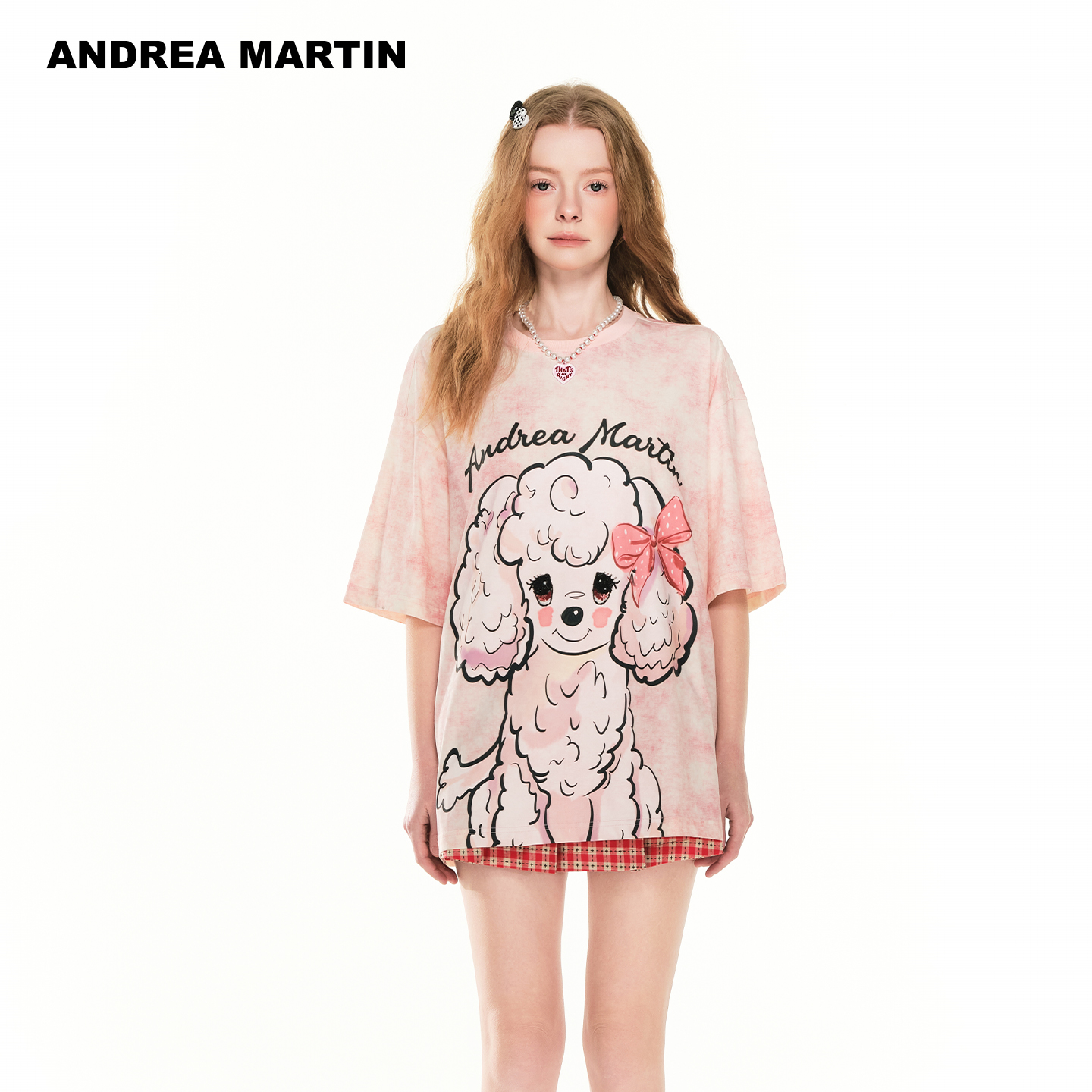 ANDREA MARTIN2025夏季新款卡通印花短袖T恤女圆领宽松粉色上衣