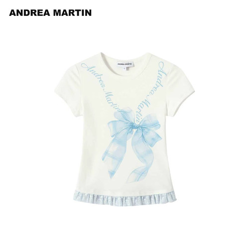 ANDREA MARTIN2026夏季新款蓝色蝴蝶结印花蕾丝花边女短袖休闲T恤