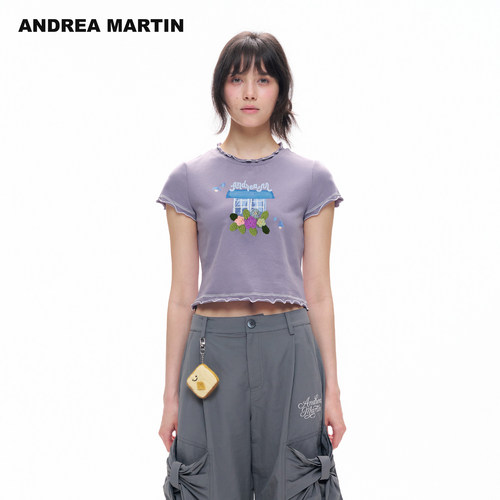 ANDREA MARTIN2026秋季新款立体钩织木耳边花卉印花女收腰短袖T恤