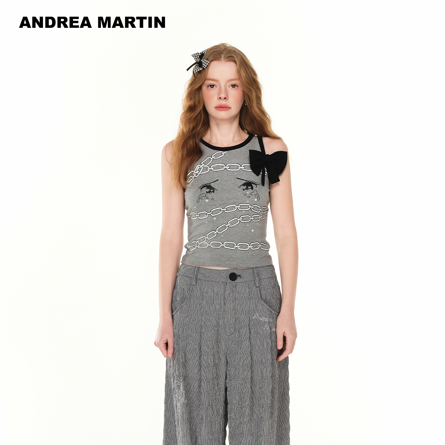 【戚砚笛同款】ANDREA MARTIN2025夏新款印花背心女蝴蝶结短上衣