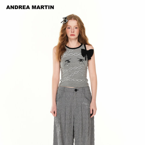 【戚砚笛同款】ANDREA MARTIN夏新款印花背心女蝴蝶结短上衣