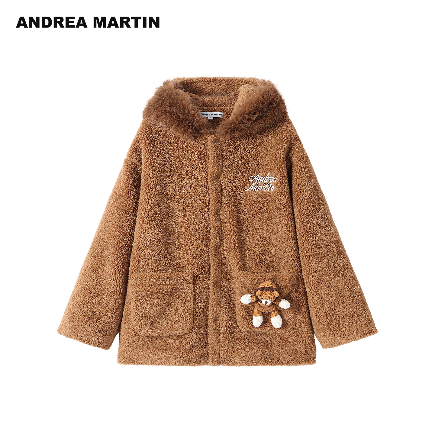 ANDREA MARTIN2025秋冬新款可爱狮子玩偶毛绒连帽保暖女宽松外套