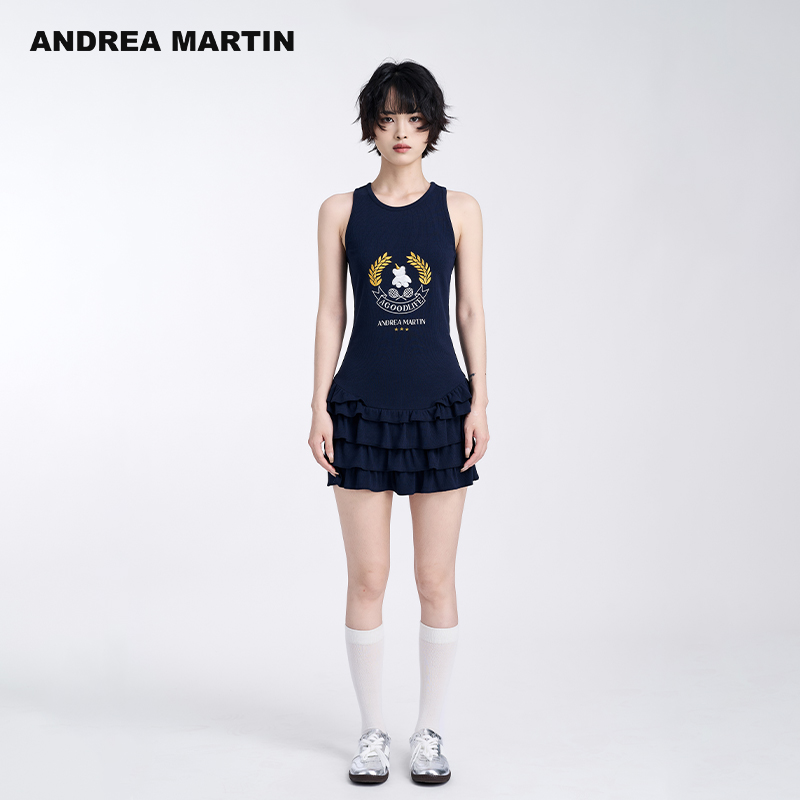 ANDREA MARTIN2025夏季新款吊带连衣裙女绣花无袖修身显瘦背心裙