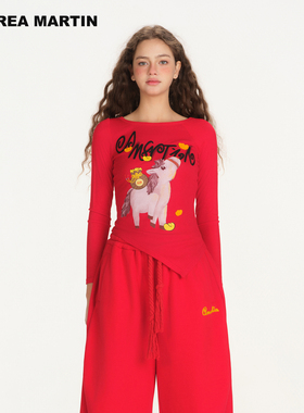 “马上有钱”ANDREA MARTIN2026春季新款红色长袖T恤女不规则修身