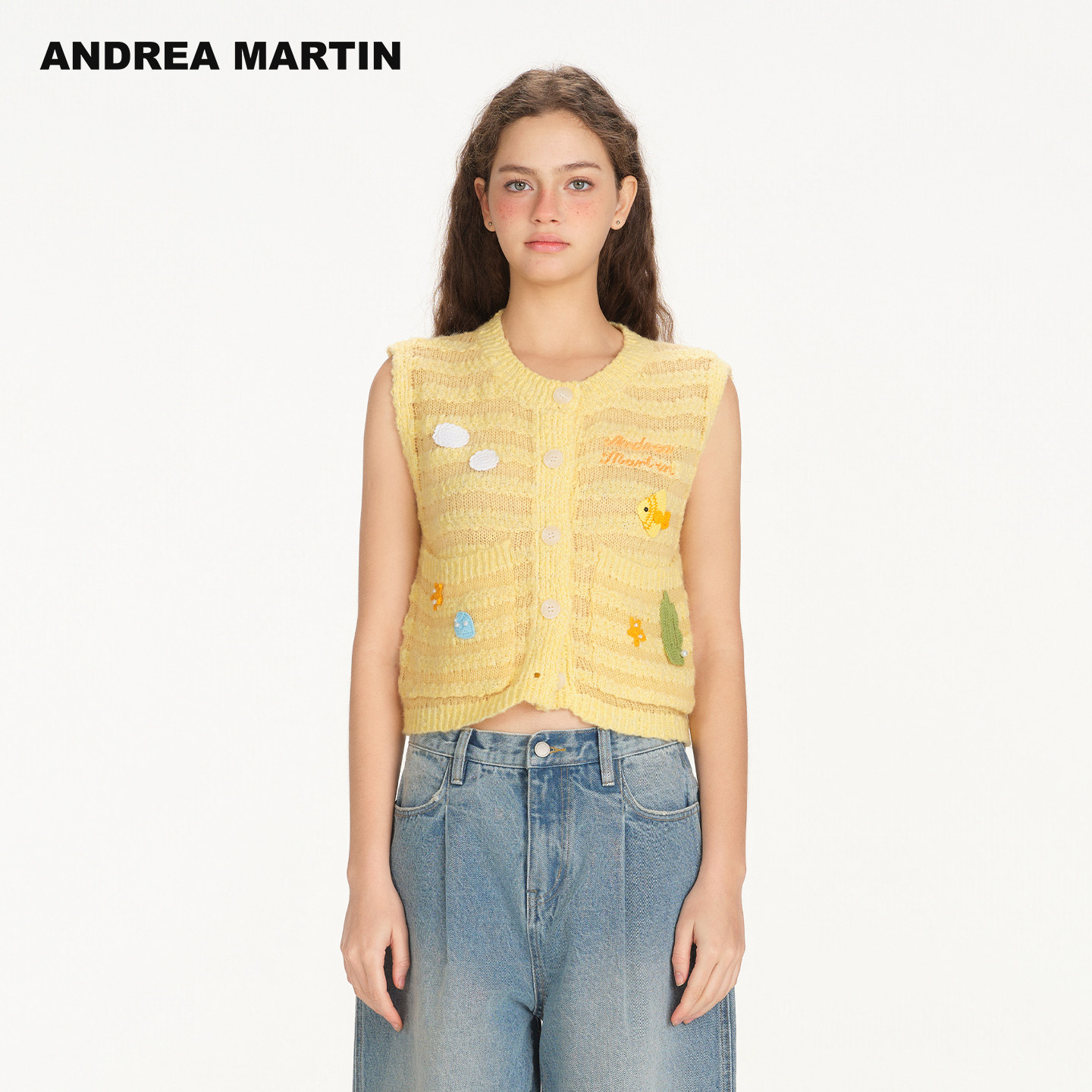 ANDREA MARTIN2026春夏新款立体贴布无袖宽松女短针织背心马甲