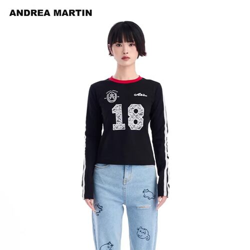 ANDREA MARTIN2026秋季新款黑色蕾丝拼接刺绣修身显瘦女短长袖T恤