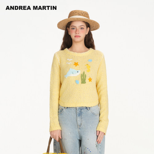 ANDREA MARTIN2026秋季新款立体钩织刺绣长袖女短休闲宽松针织衫