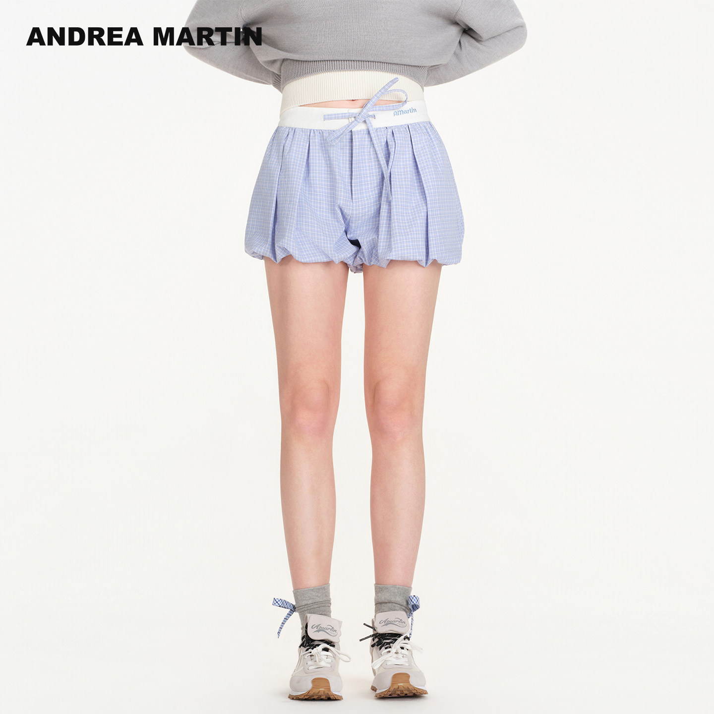 Andrea Martin2026春夏新款格子花苞裤女系带显瘦高腰休闲短裤,女装/女士精品,短裤,淘宝优惠券,粉丝福利购,淘宝优惠卷