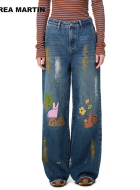 【张真源 田嘉瑞同款】ANDREA MARTIN秋冬新款印花做旧牛仔裤