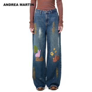 MARTIN2025秋冬新款 ANDREA 田嘉瑞同款 印花做旧牛仔裤 张真源