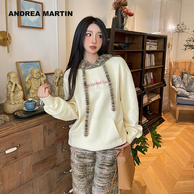 ANDREA MARTIN冬新款米色拼接针织帽刺绣抽绳卫衣套装