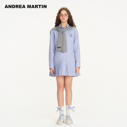 ANDREA MARTIN2026秋季新款复古可拆卸披肩格纹长袖女衬衫连衣裙