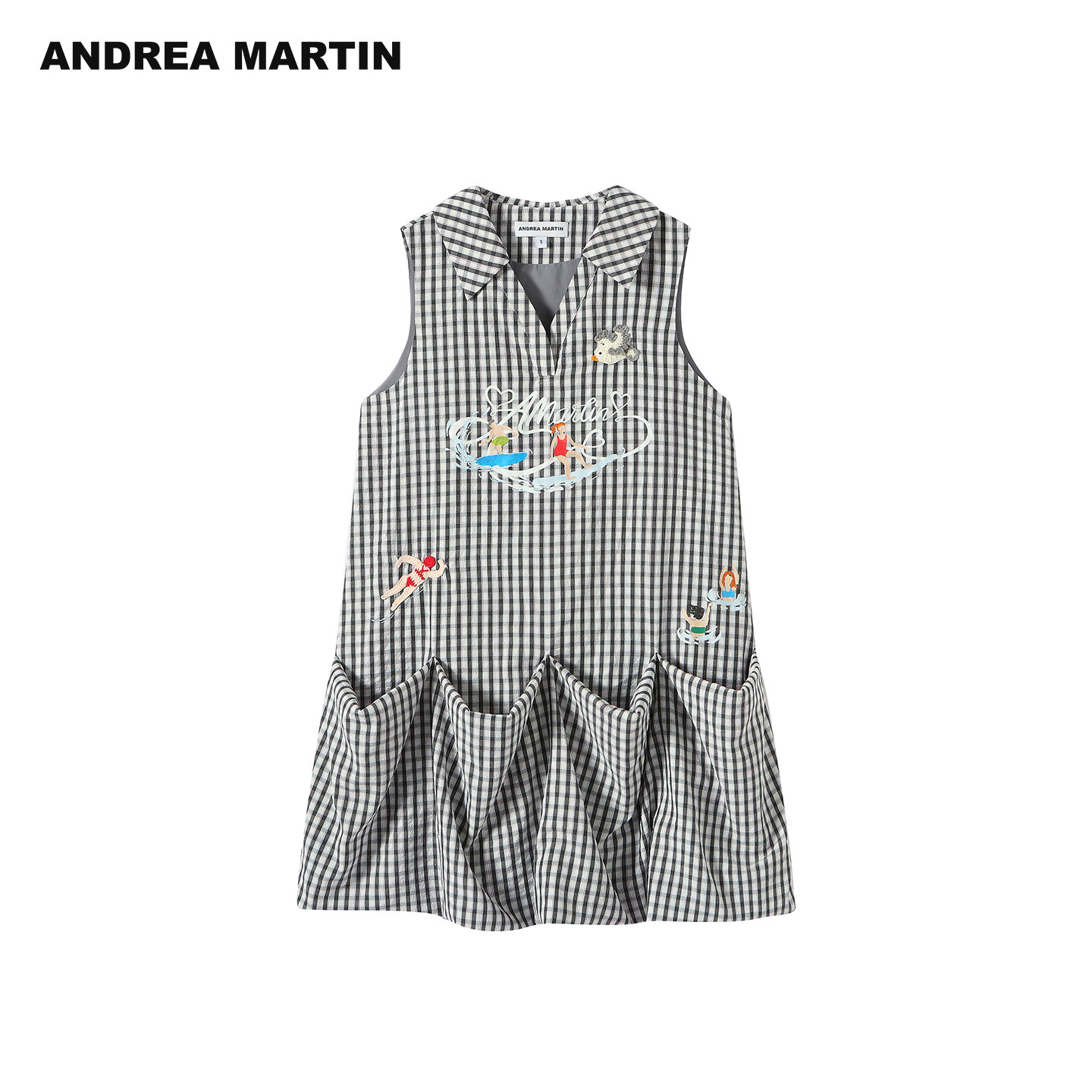 ANDREA MARTIN2026夏季新款黑白格纹印花翻领宽松无袖休闲连衣裙