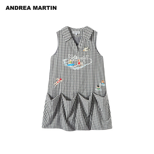 ANDREA MARTIN2026夏季新款黑白格纹印花翻领宽松无袖休闲连衣裙