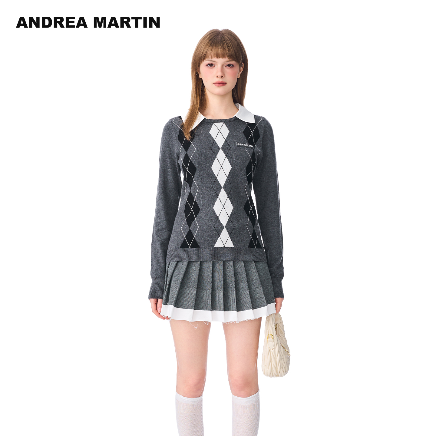 ANDREA MARTIN2025秋冬新品学院风格纹针织毛衣女假两件拼接毛衫
