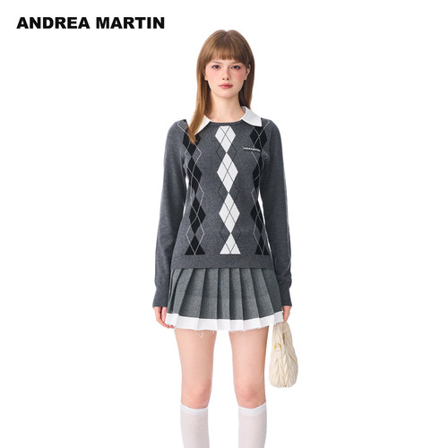 ANDREA MARTIN秋冬新品学院风格纹针织毛衣女假两件拼接毛衫