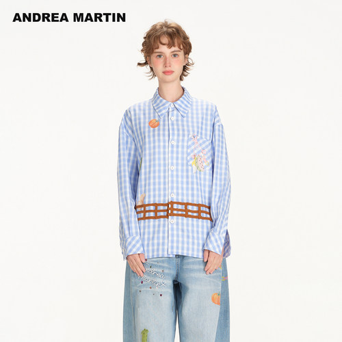 【孙恩盛同款】ANDREA MARTIN 26春新款果蔬印花格子翻领长袖衬衫