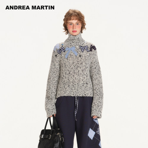 ANDREA MARTIN2026秋季新款费尔岛毛衣高领格子蝴蝶结贴布针织衫