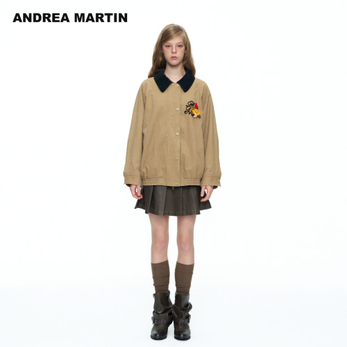 ANDREA MARTIN2026秋冬新款拼接PU皮刺绣印花女宽松休闲夹克外套