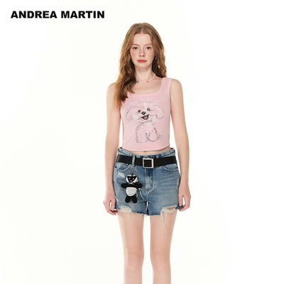 【孟子义同款】ANDREA MARTIN新款背心女刺绣无袖T恤短款吊带