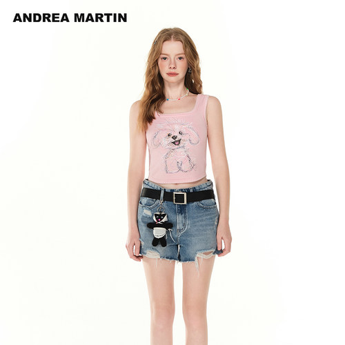 【孟子义同款】ANDREA MARTIN新款背心女刺绣无袖T恤短款吊带