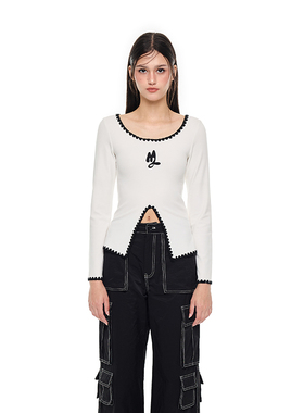 ANDREA MARTIN秋冬新款撞色刺绣开叉修身上衣时尚百搭多色长袖T恤