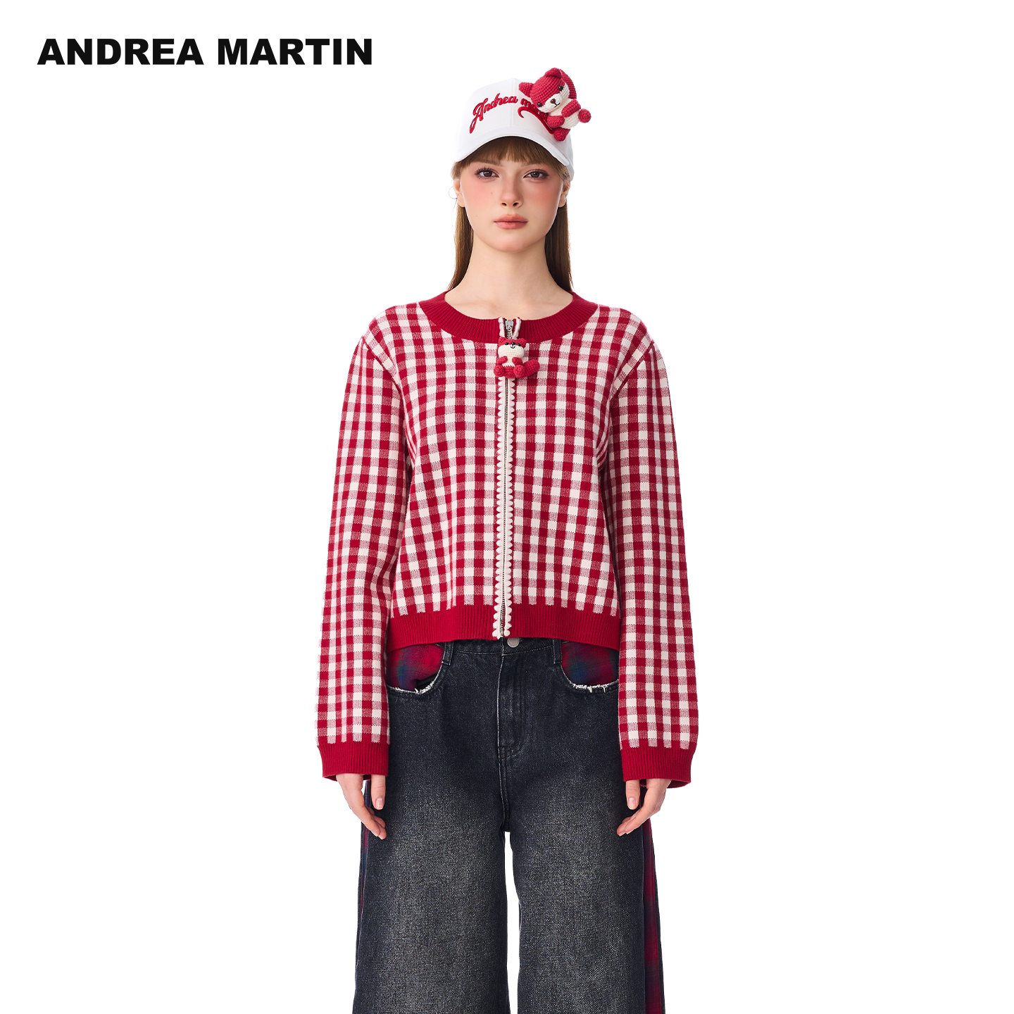 ANDREA MARTIN2025秋冬新款复古围巾刺绣格纹针织开衫女毛衣外套