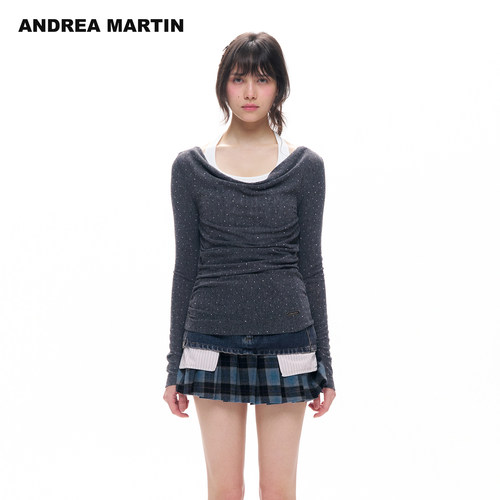 ANDREA MARTIN2026秋新款灰色褶皱荡领烫钻女收腰打底修身长袖T恤