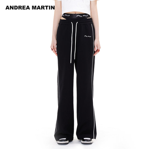 ANDREA MARTIN2026夏季新款抽绳阔腿撞色女百搭简约宽松休闲长裤