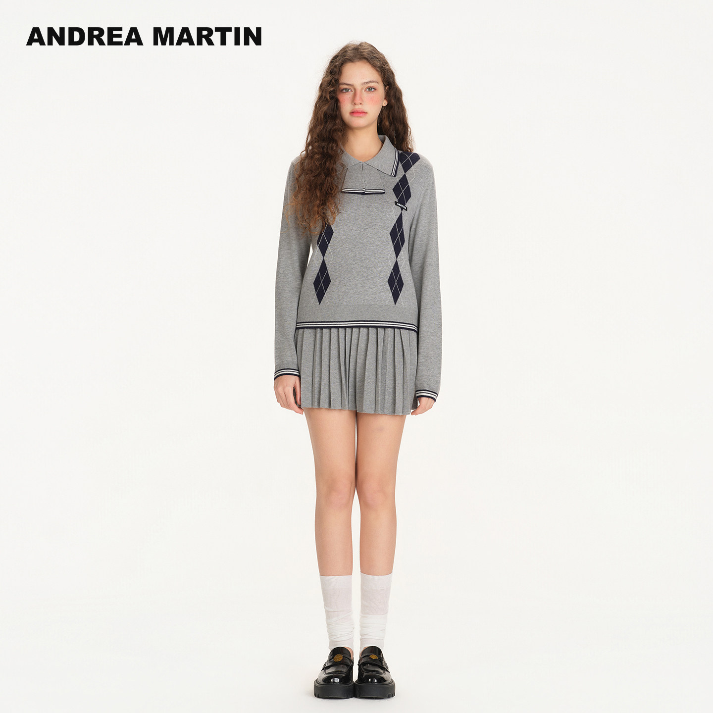 ANDREA MARTIN2026春季新款学院风翻领菱格休闲百搭短裙针织套装