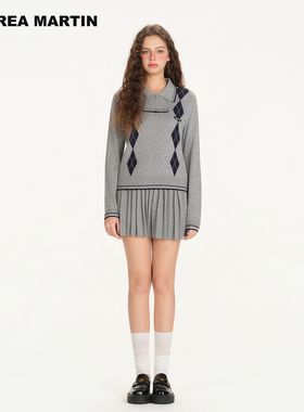 ANDREA MARTIN2026春季新款学院风翻领菱格休闲百搭短裙针织套装
