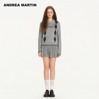 ANDREA MARTIN2026春季新款学院风翻领菱格休闲百搭短裙针织套装