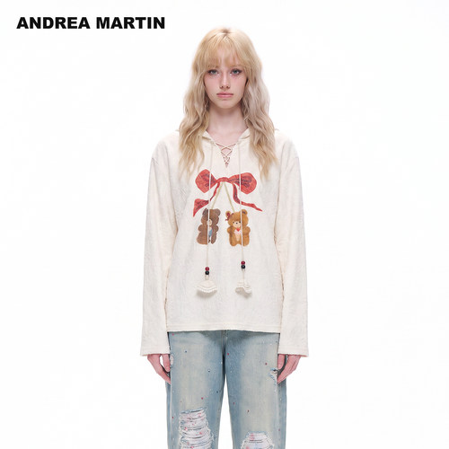 严选ANDREA MARTIN2026秋季新款蝴蝶结小熊印花T恤女连帽长袖罩衫