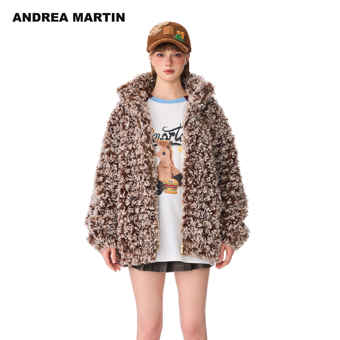 ANDREA MARTIN 2025秋冬新品复古翻领环保皮毛一体女宽松保暖外套