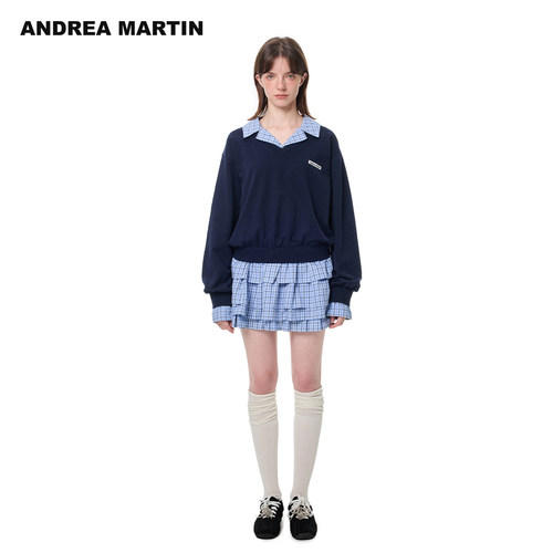 ANDREA MARTIN秋冬新款学院风拼接假两件V领女休闲卫衣连衣裙