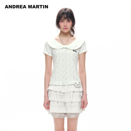 【刘些宁同款】ANDREA MARTIN2026夏新款娃娃领女修身碎花短袖T恤