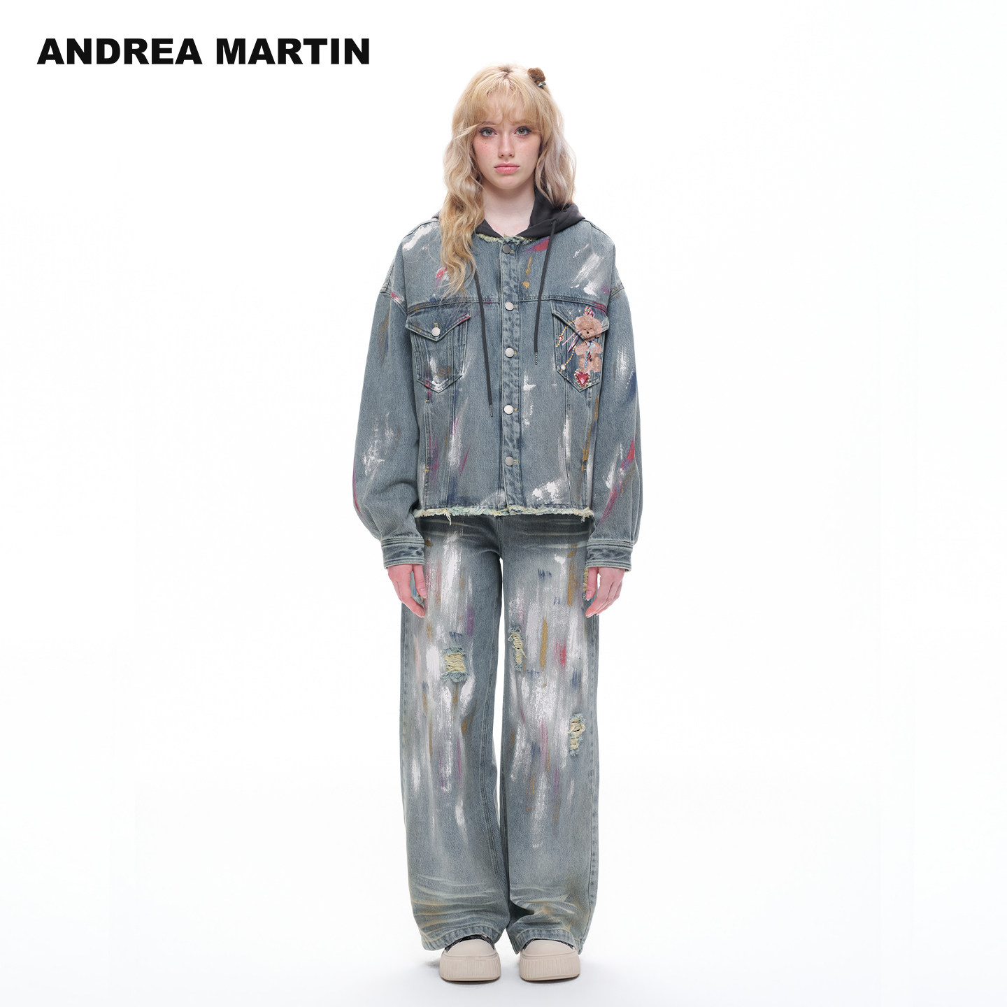ANDREA MARTIN2026秋季新款假两件涂鸦小狗挂饰连帽牛仔夹克外套