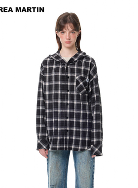 ANDREA MARTIN秋冬新品格纹连帽贴布绣衬衫休闲外套男女同款