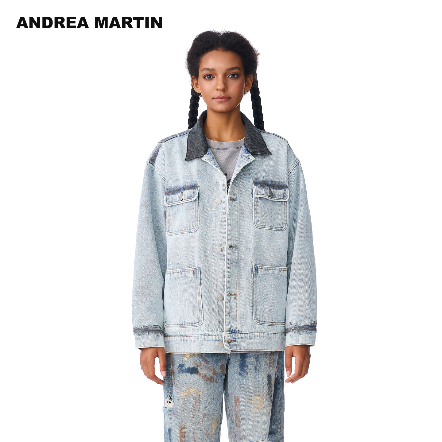 ANDREA MARTIN2025秋冬新品复古拼接水洗工装牛仔外套男女同款