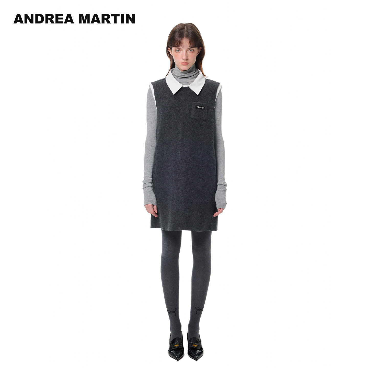 ANDREA MARTIN秋冬新款无袖可拆卸假两件毛呢休闲背心连衣裙