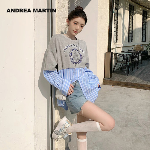 ANDREA MARTIN秋冬新款拼接复古印花条纹宽松休闲假两件衬衫卫衣
