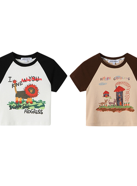 ANDREA MARTIN夏新款撞色字母房子插画休闲可爱弹力短款T恤