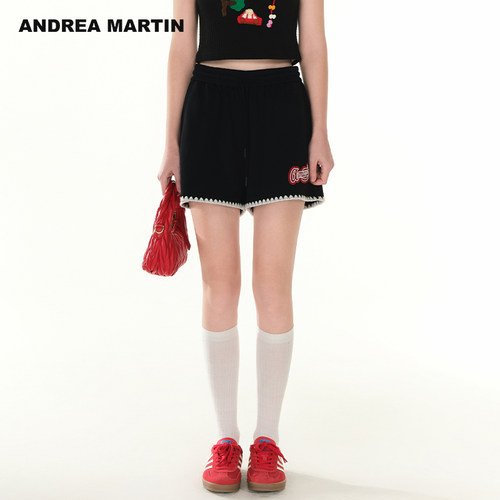 ANDREA MARTIN新款针织绣花短裤女松紧腰外穿休闲黑色卫裤夏
